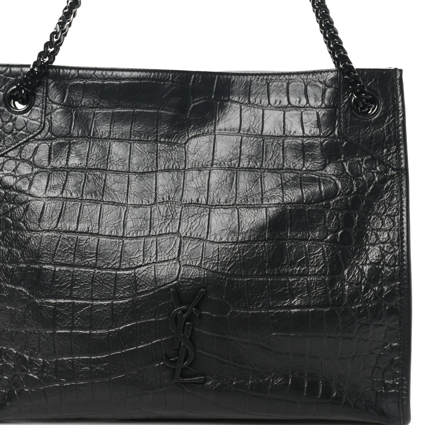 Calfskin Crocodile Embossed Monogram Medium Niki Shopping Bag Black