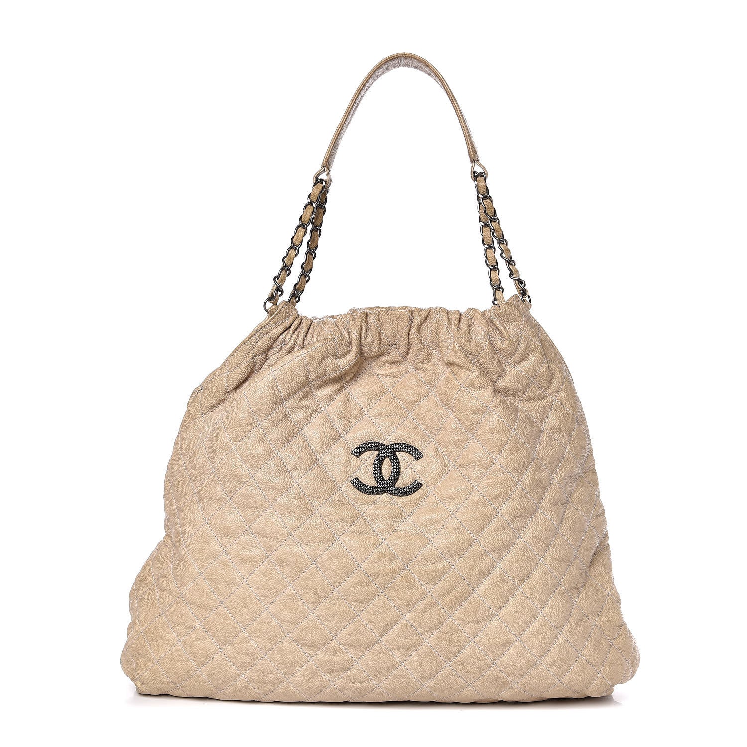 Chanel Distressed Glazed Caviar Quilted Large Elastic Tote Beige 1 of 14