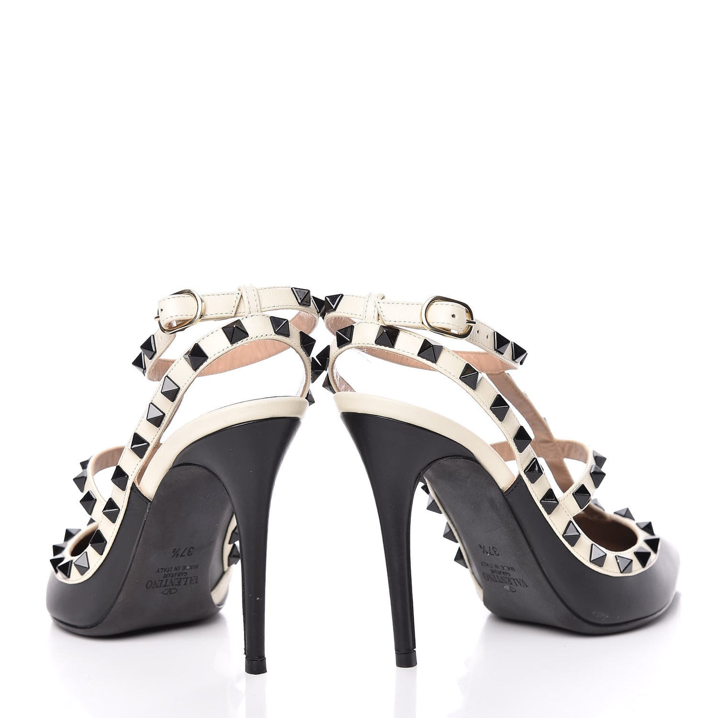 Calfskin Rockstud Ankle Strap 100mm Pumps 37.5 Black Light Ivory