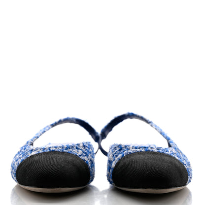 Chanel Tweed Cap Toe CC Slingback Flat 38.5 Blue Black 2 of 9