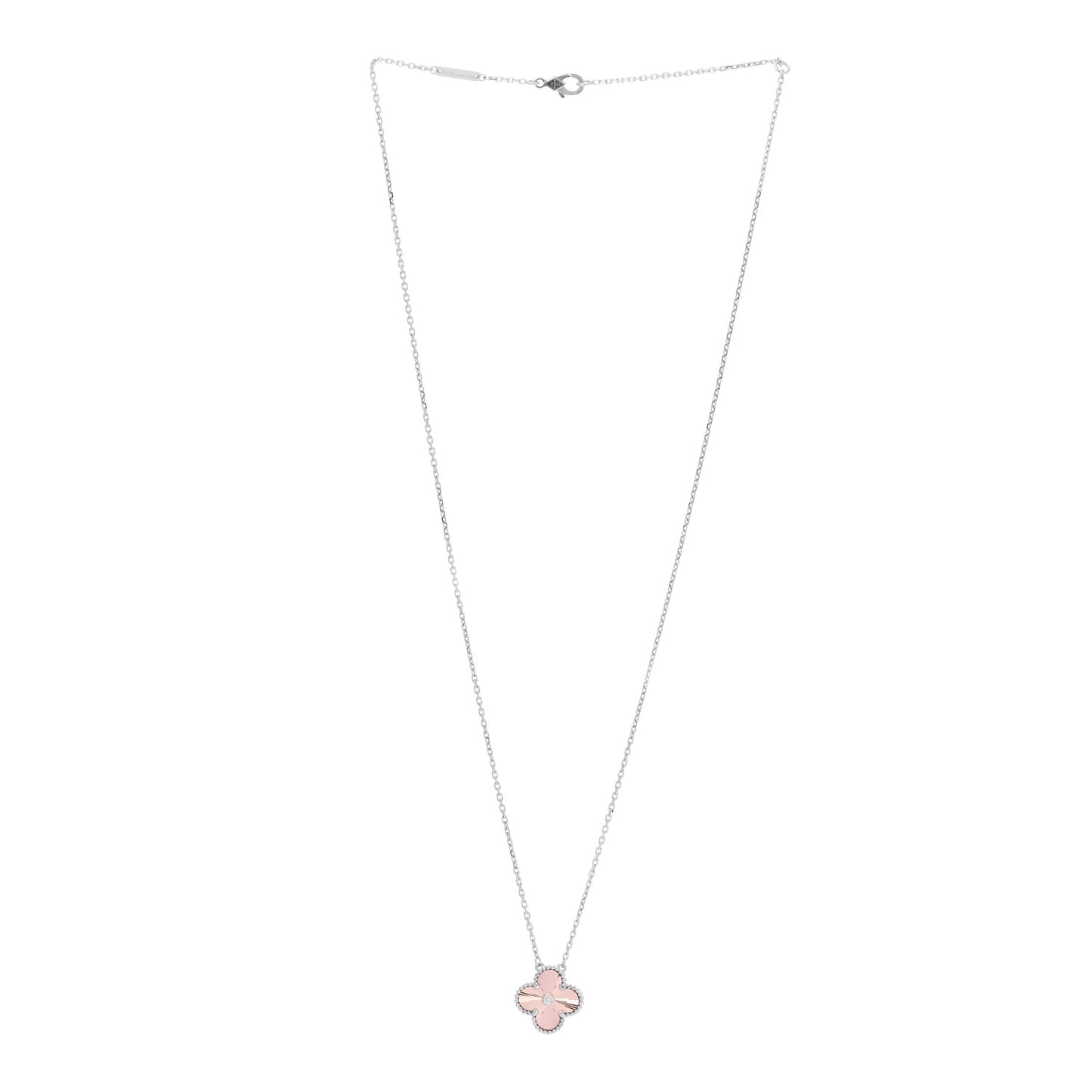 18K White Rose Gold Diamond Guilloche Vintage Alhambra Pendant Necklace