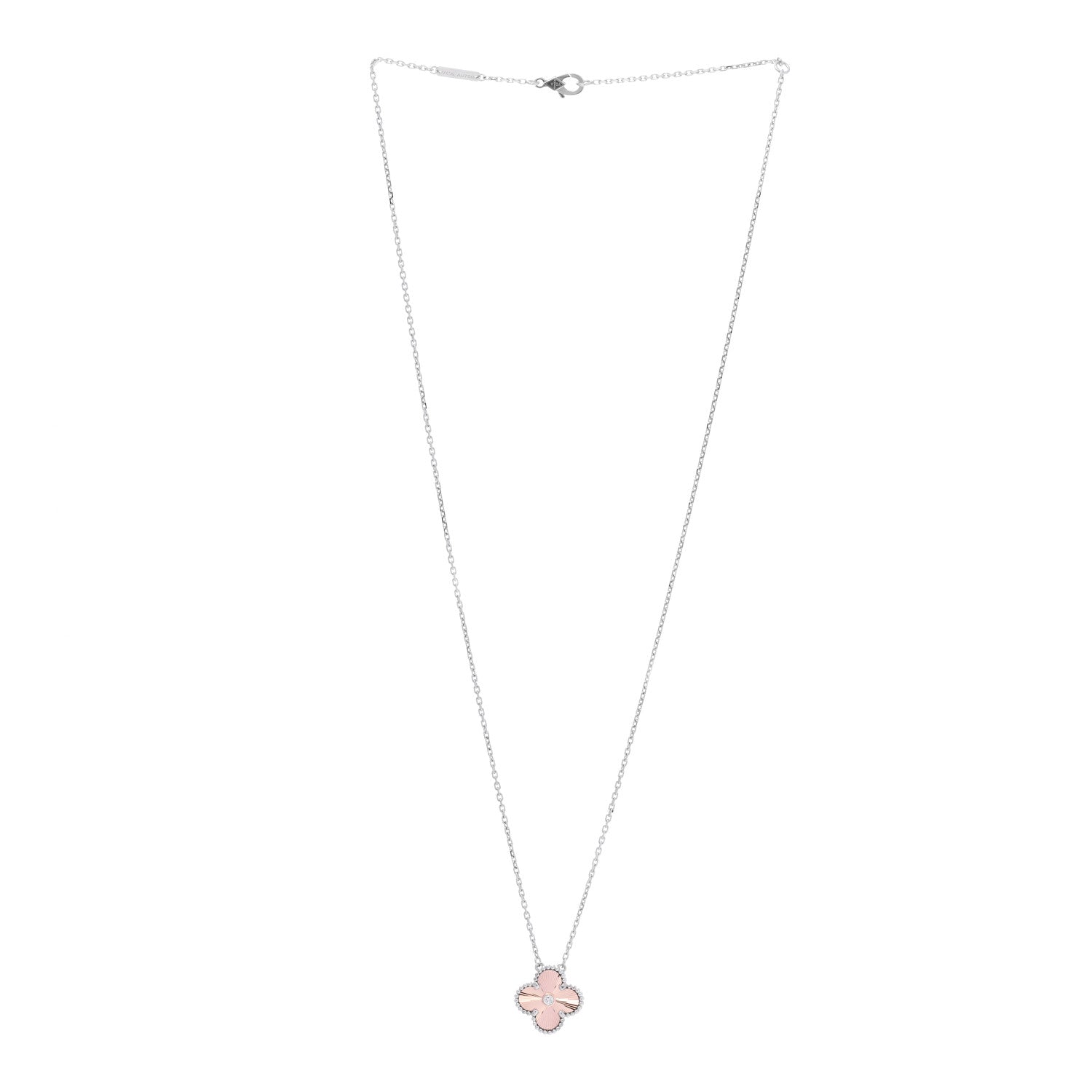 Van Cleef & Arpels 18K White Rose Gold Diamond Guilloche Vintage Alhambra Pendant Necklace 3 of 7