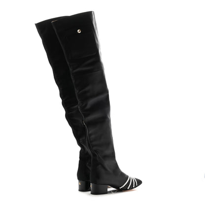 Chanel Lambskin Grosgrain Pearl Cap Toe High Boots 38 Black 4 of 10