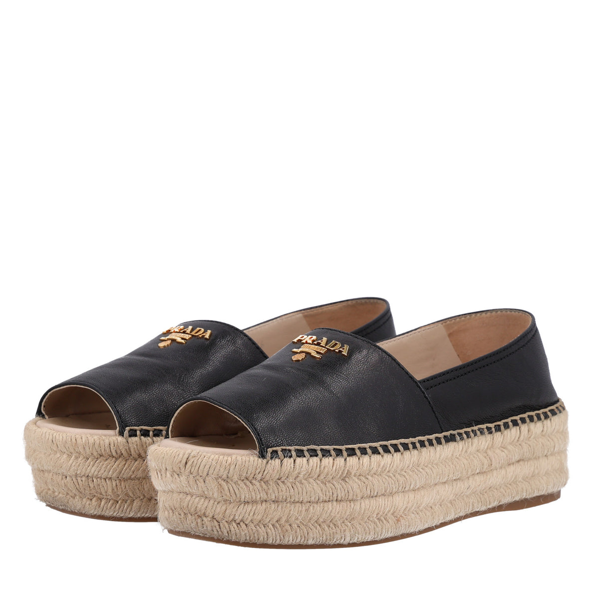 Prada Nappa Embroidered Logo Peep Toe Espadrilles 36 Black 4 of 10