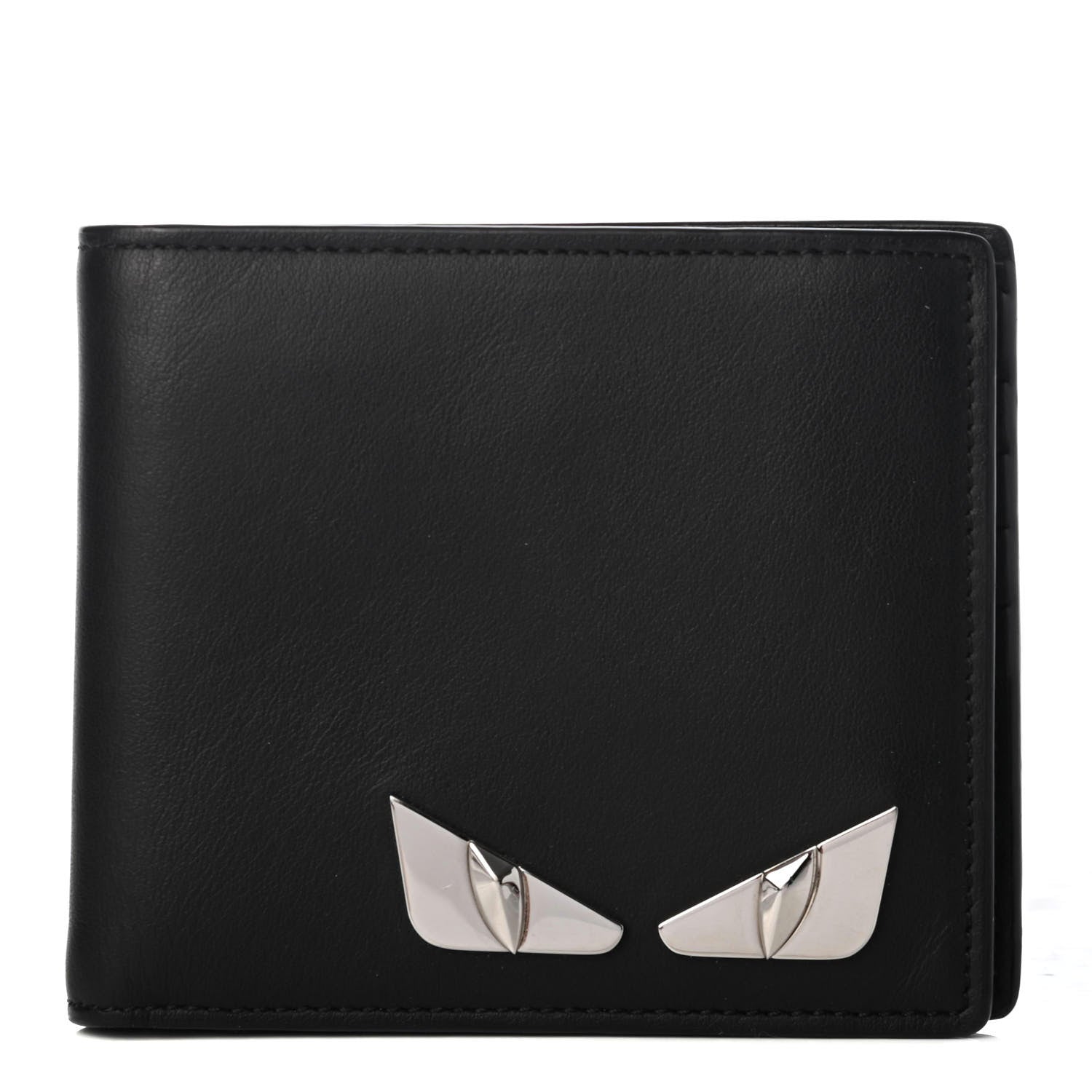 Fendi Calfskin Metal Monster Eyes Bi-fold Wallet Black 1 of 6