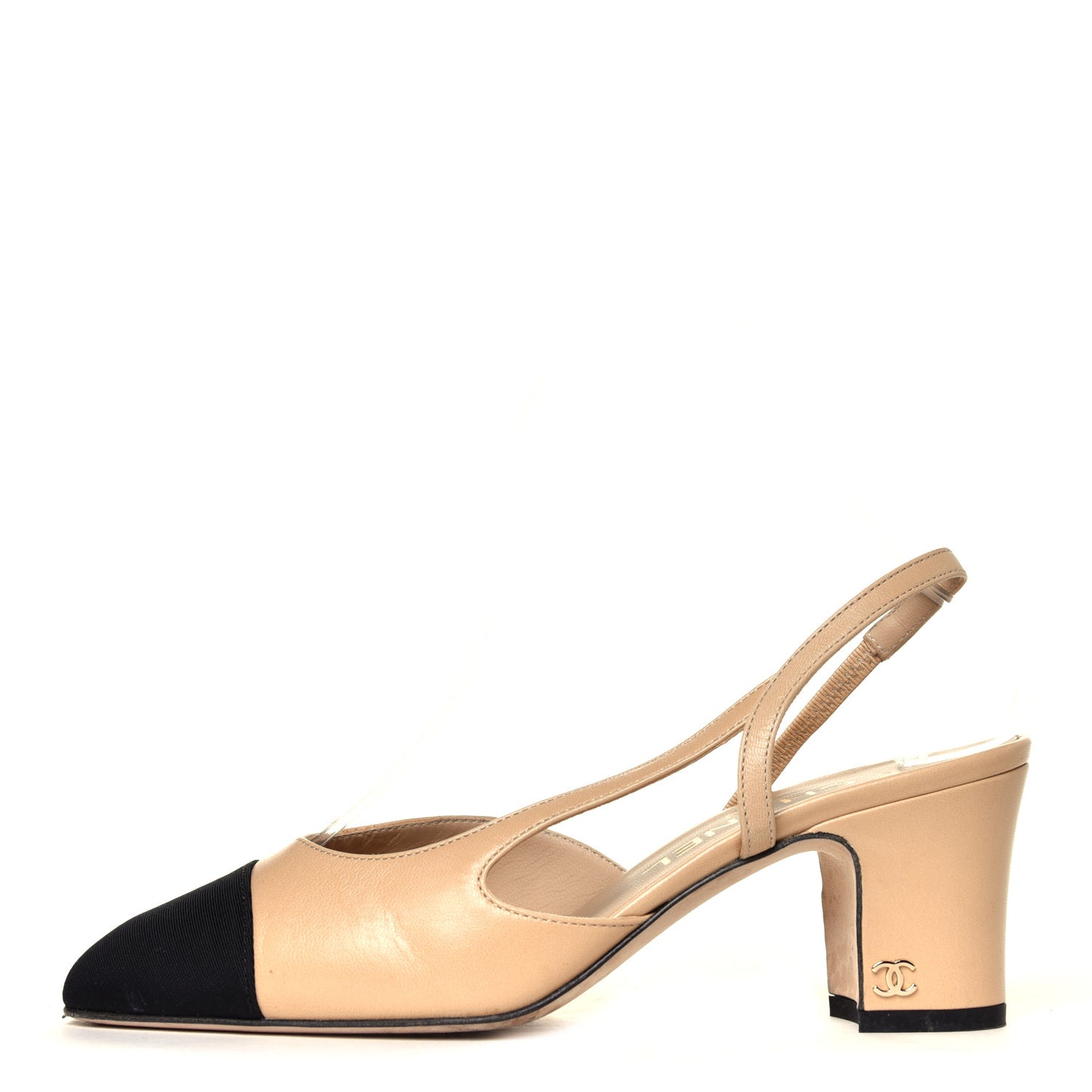 Goatskin Grosgrain Cap Toe CC Slingback Pumps 36 Beige Black