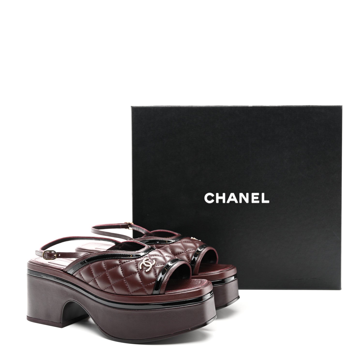 Chanel Lambskin Patent Calfskin Quilted CC Platform Slingback Sandals 38 Burgundy Black 9 of 9