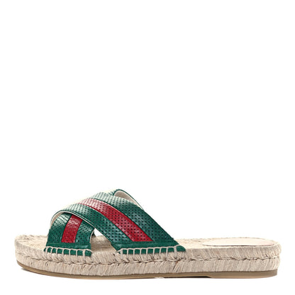Gucci Malaga Kid Perforated Criss Cross Espadrille Slide Sandals 38 Emerald Hibiscus Red 1 of 6