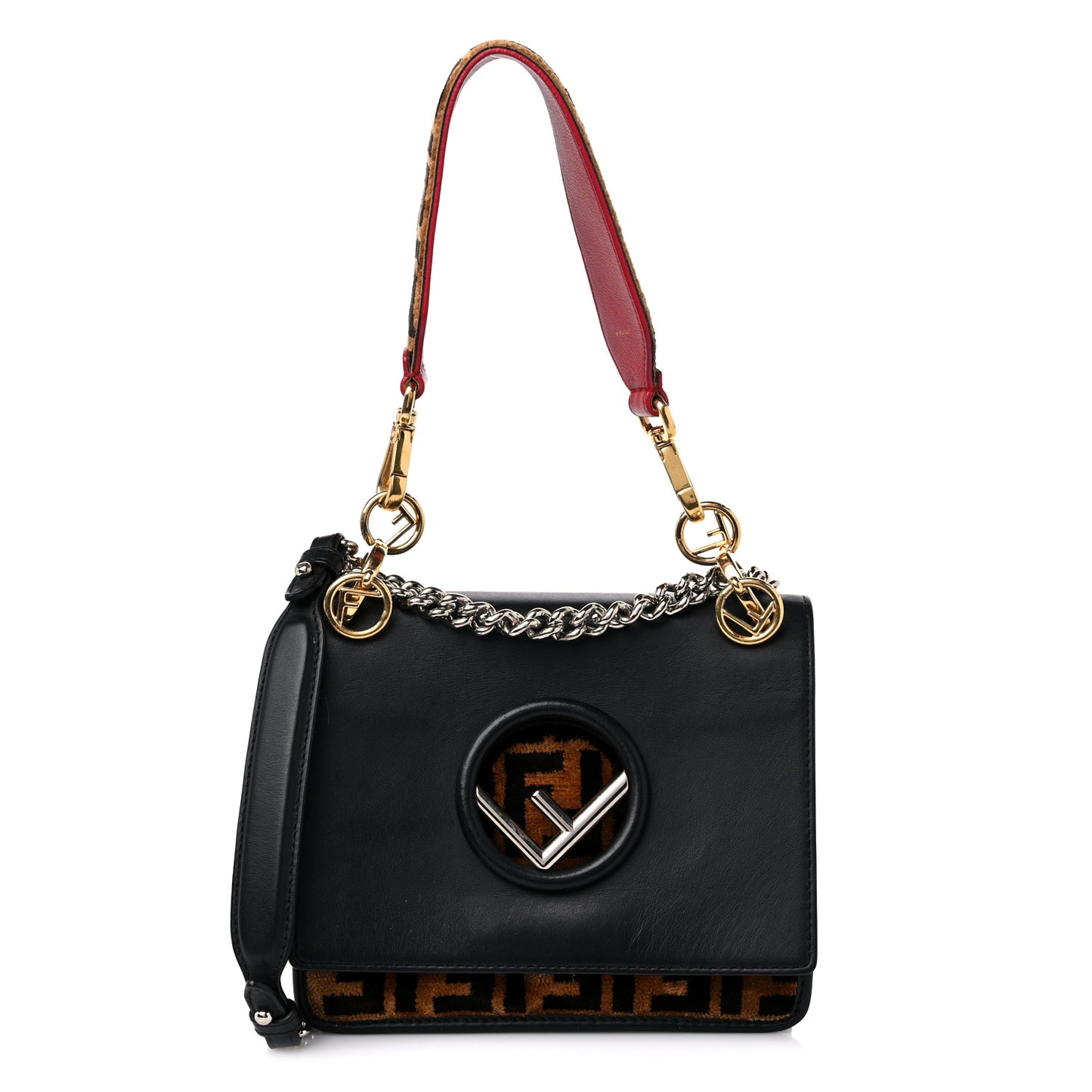 Vitello Century Velvet F is Fendi FF Embroidered Small Kan I Shoulder Bag Black Tobacco