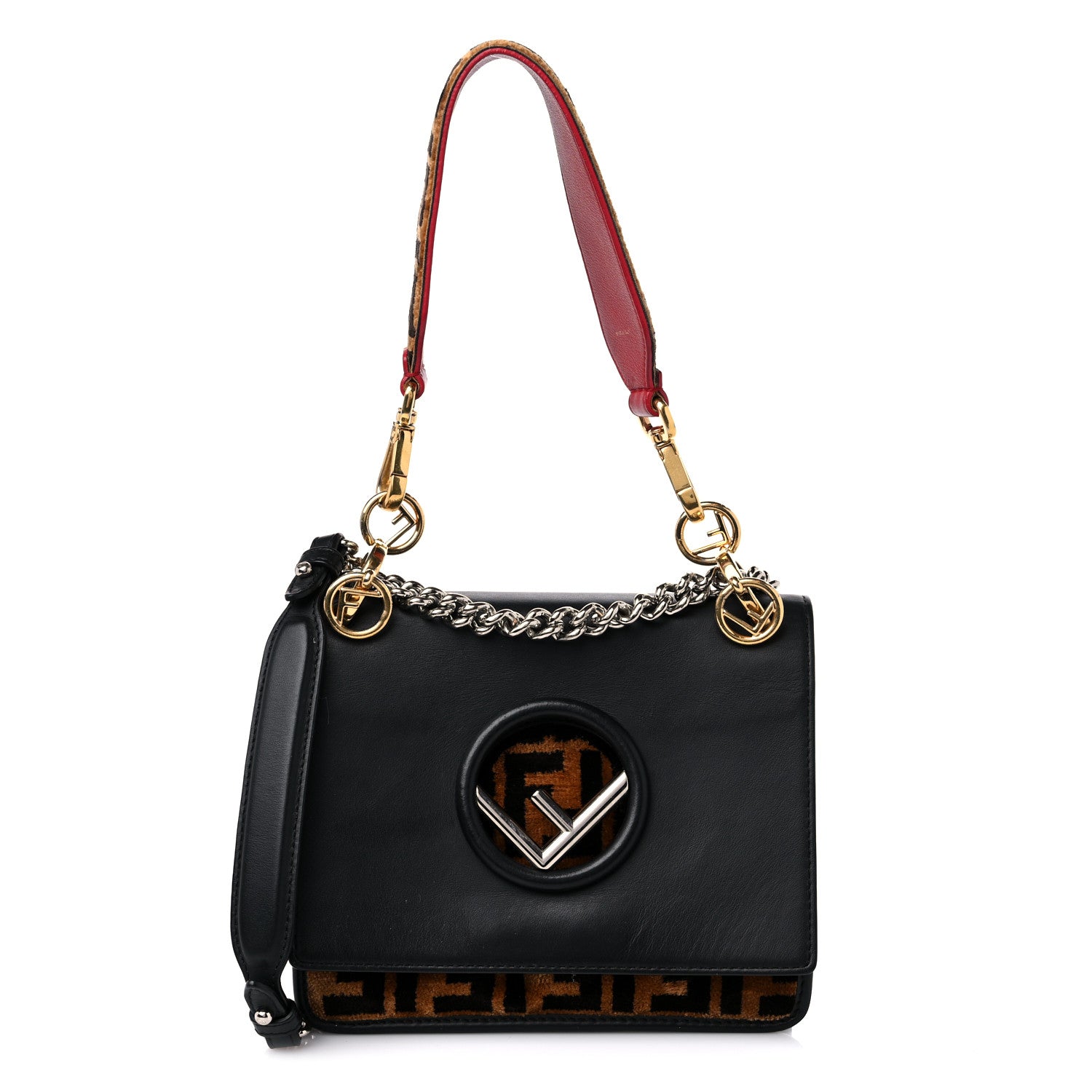 Fendi Vitello Century Velvet F is Fendi FF Embroidered Small Kan I Shoulder Bag Black Tobacco 1 of 16