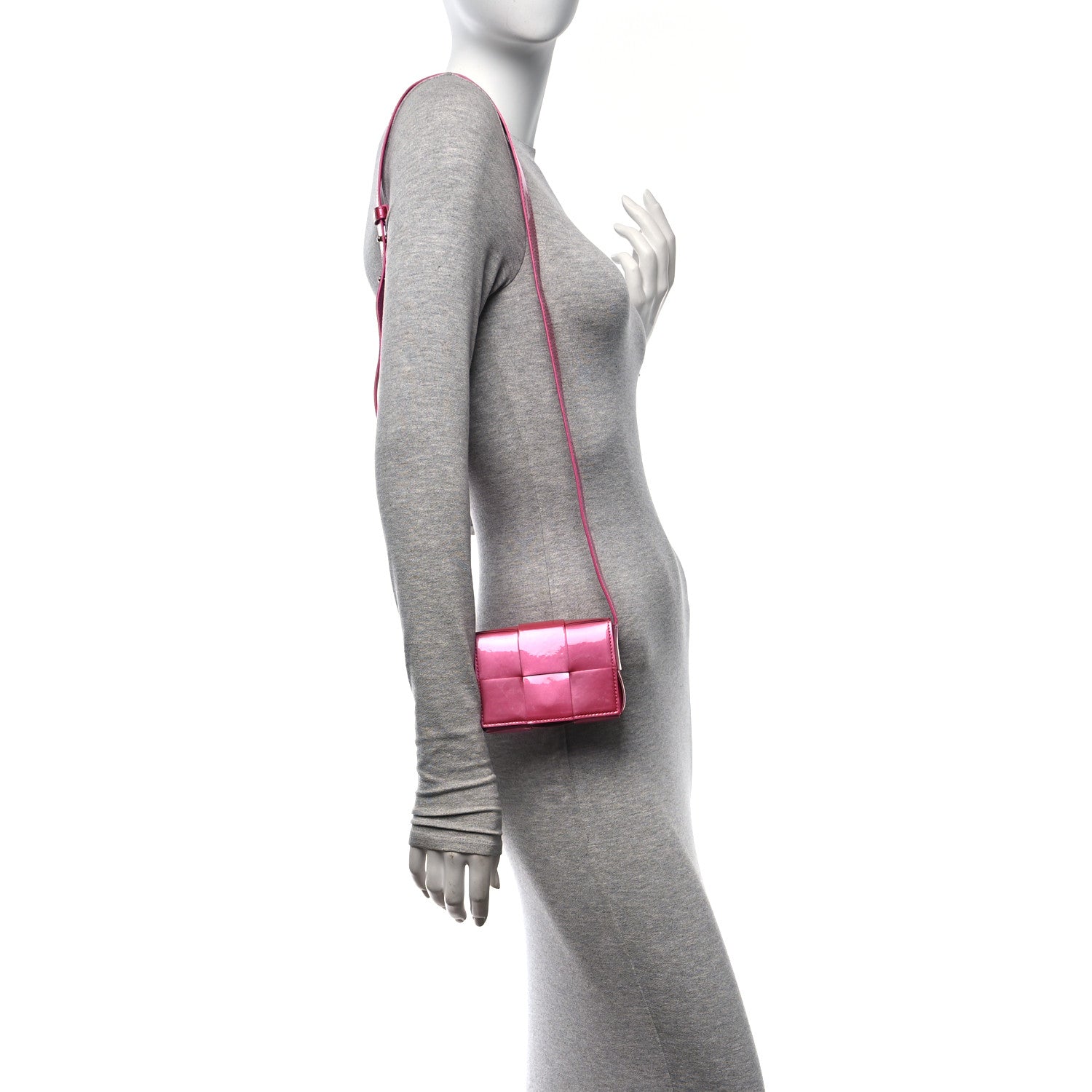 Bottega Veneta Metallic Patent Calfskin Maxi Intrecciato Extra Mini Cassette Crossbody Bag Pink 2 of 10