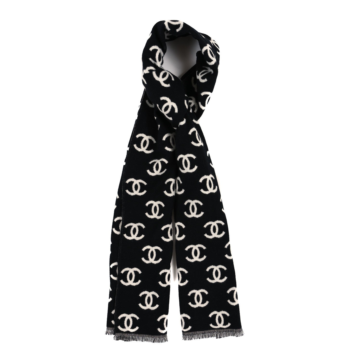 Chanel Wool Cashmere CC Scarf Black White 1 of 3