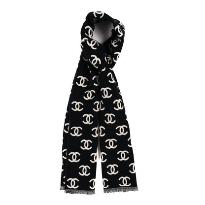 Chanel Wool Cashmere CC Scarf Black White 1 of 3