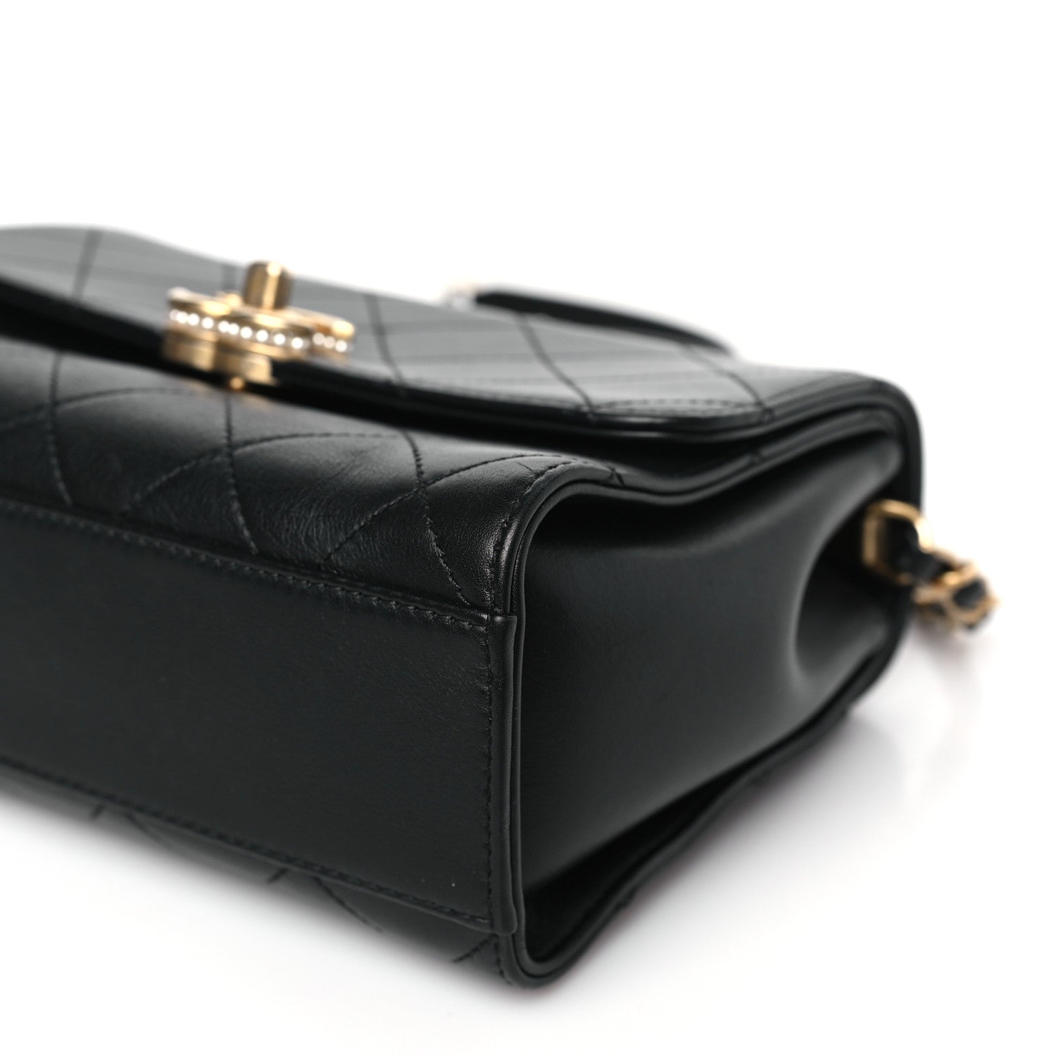 Chanel Lambskin Stitched Pearl Logo Top Handle Flap Black 9 of 10
