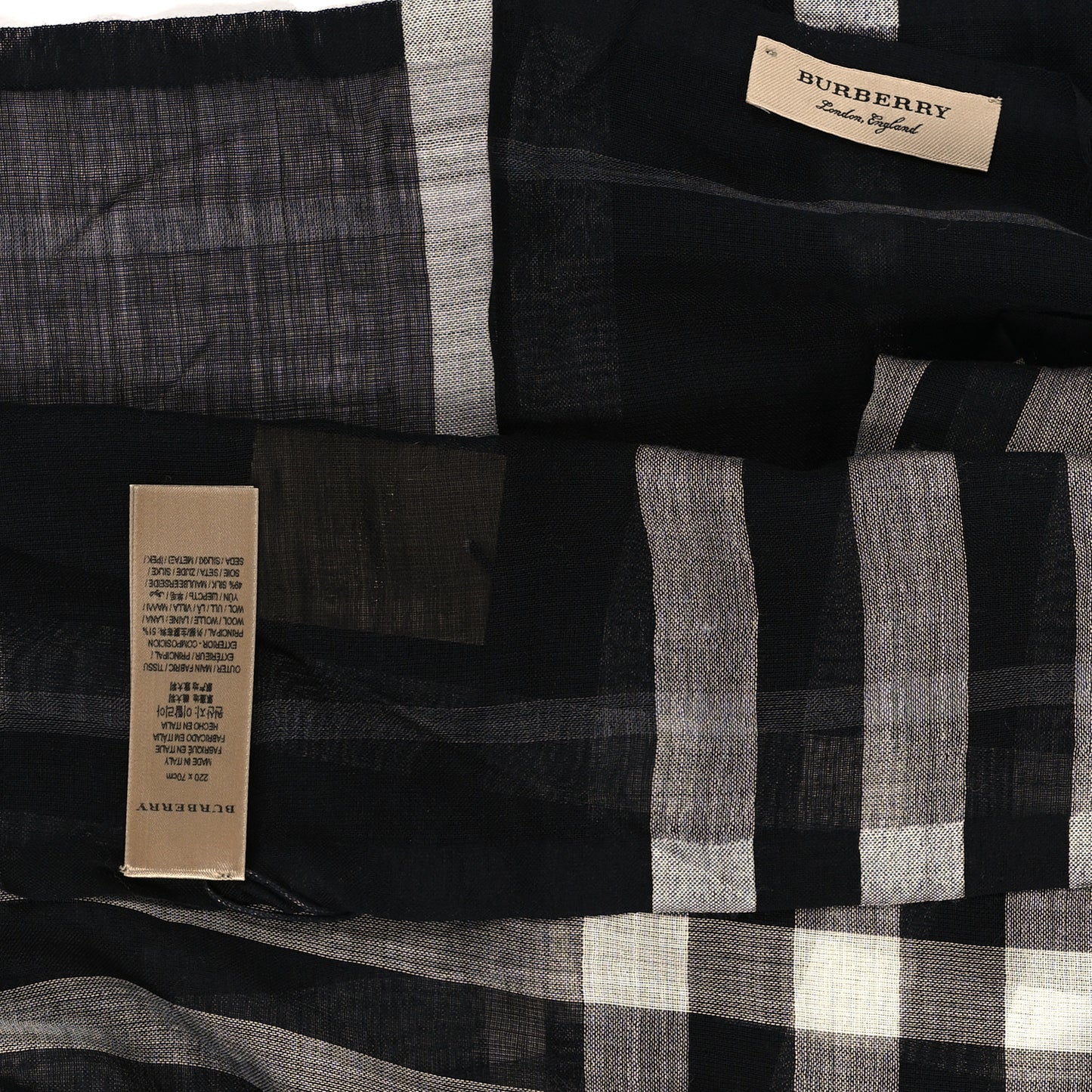 Wool Silk Giant Check Gauze Scarf Black