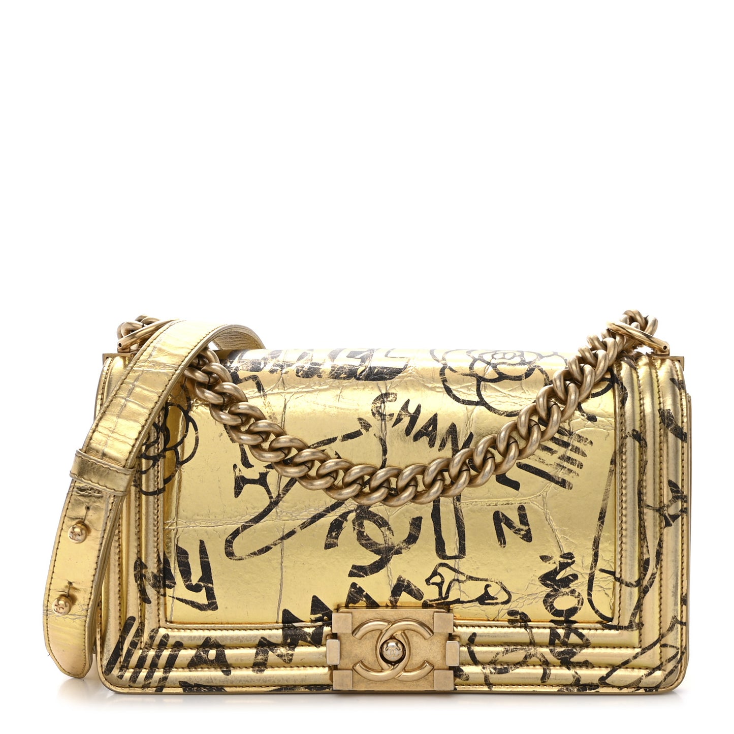 Metallic Calfskin Crocodile Embossed Graffiti Medium Cocodile Boy Flap Gold
