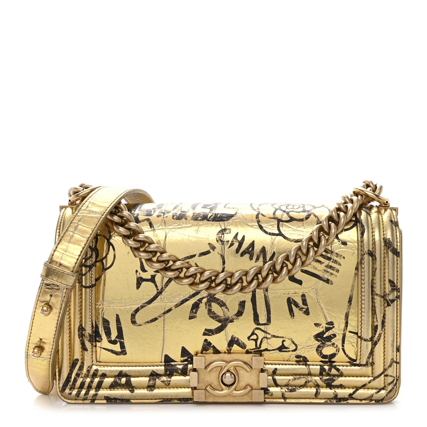 Chanel Metallic Calfskin Crocodile Embossed Graffiti Medium Cocodile Boy Flap Gold 1 of 10