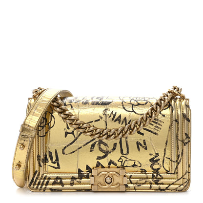 Chanel Metallic Calfskin Crocodile Embossed Graffiti Medium Cocodile Boy Flap Gold 1 of 10