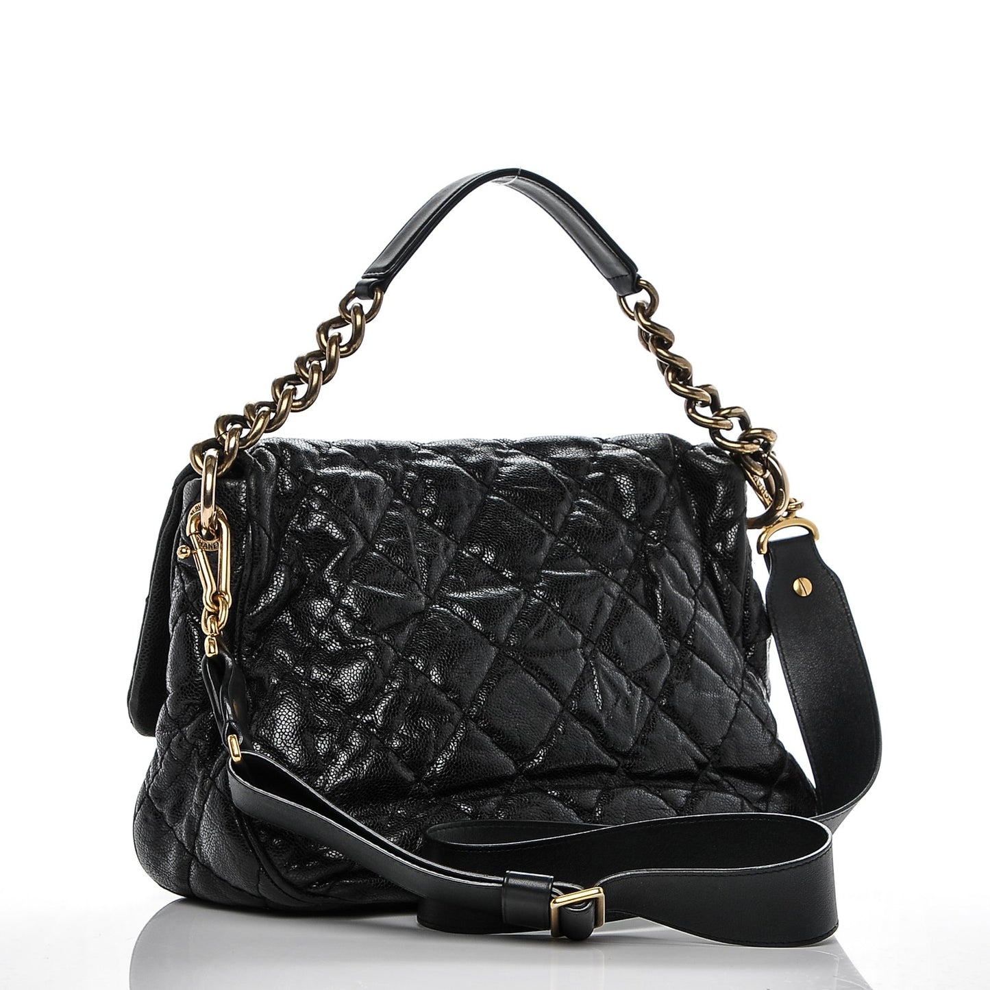 Crumpled Grained Calfskin Medium Coco Pleats Messenger Flap Black