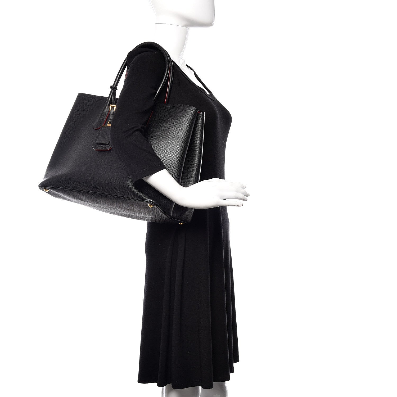 Prada Saffiano Cuir Large Double Bag Black Fuoco 2 of 15