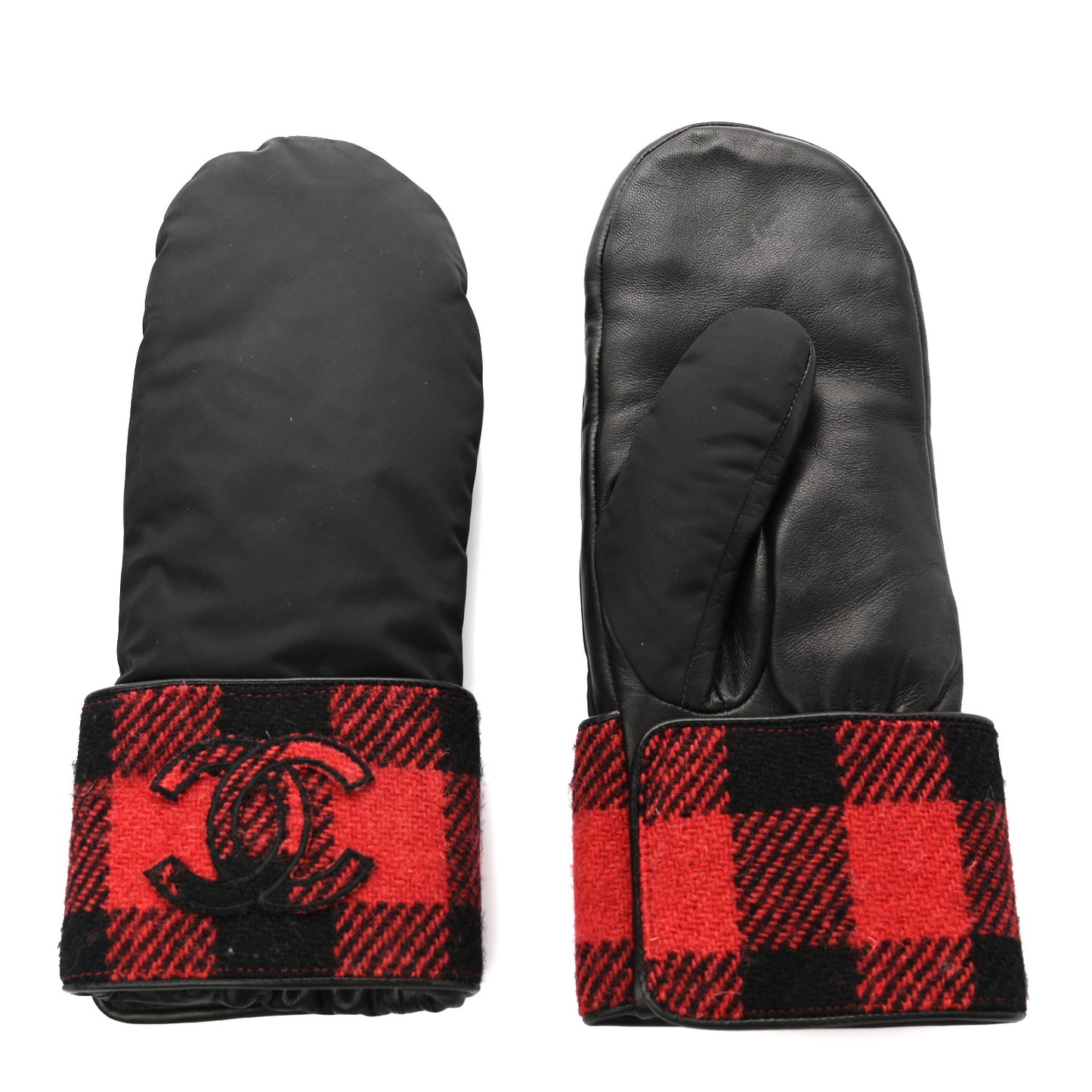 Wool Plaid Lambskin CC Gloves M Red Black