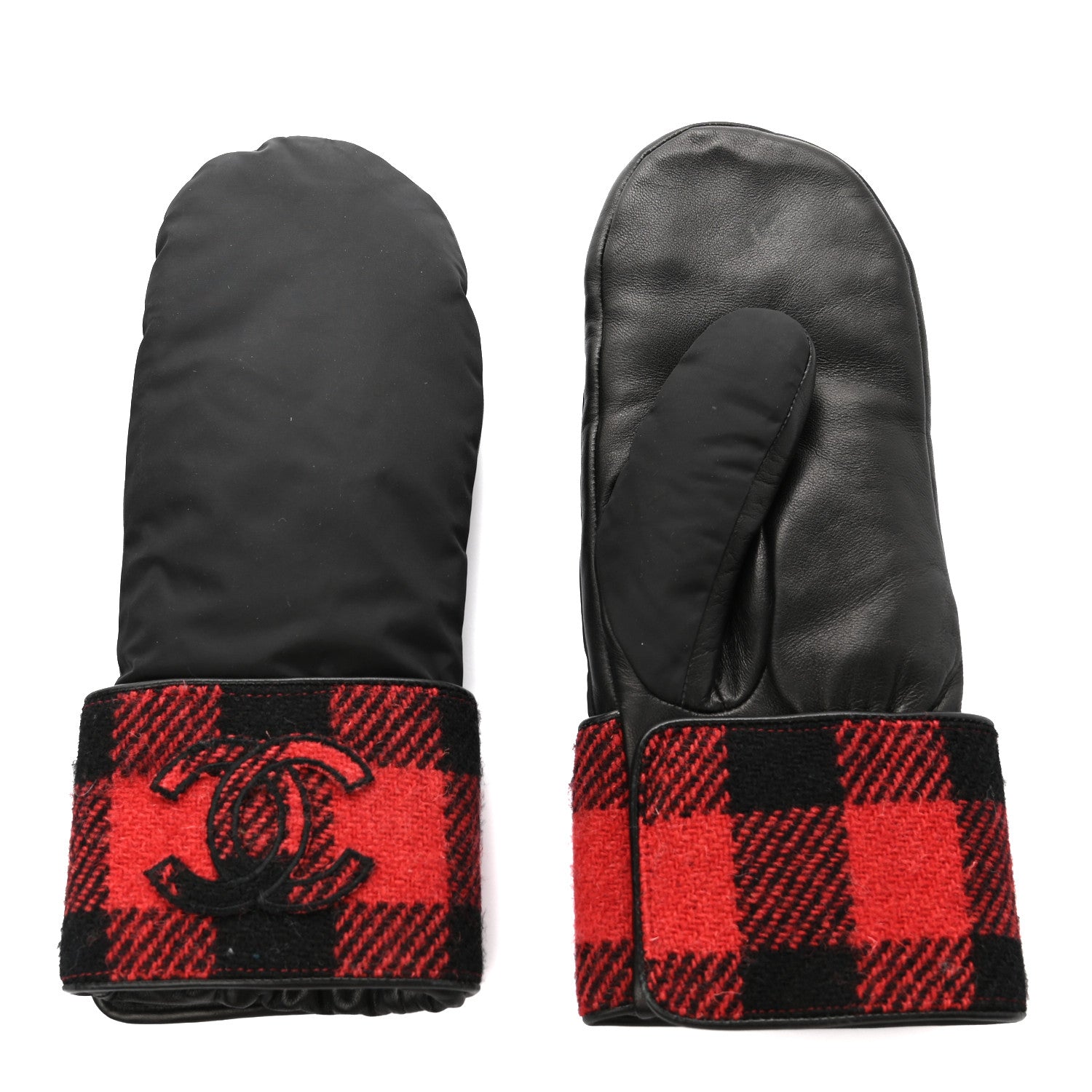 Chanel Wool Plaid Lambskin CC Gloves M Red Black 2 of 4