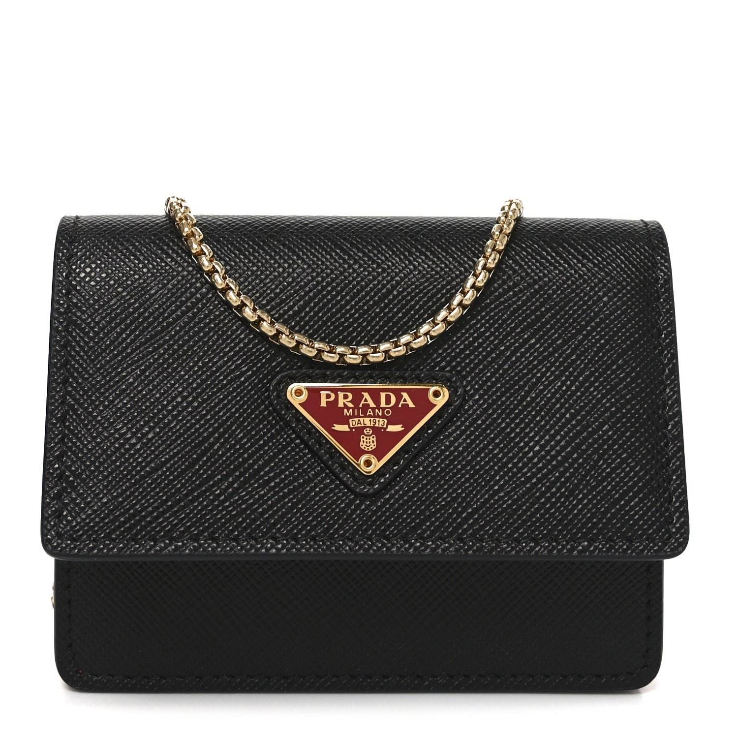 Prada Saffiano Triangle Accordion Card Case with Chain Black