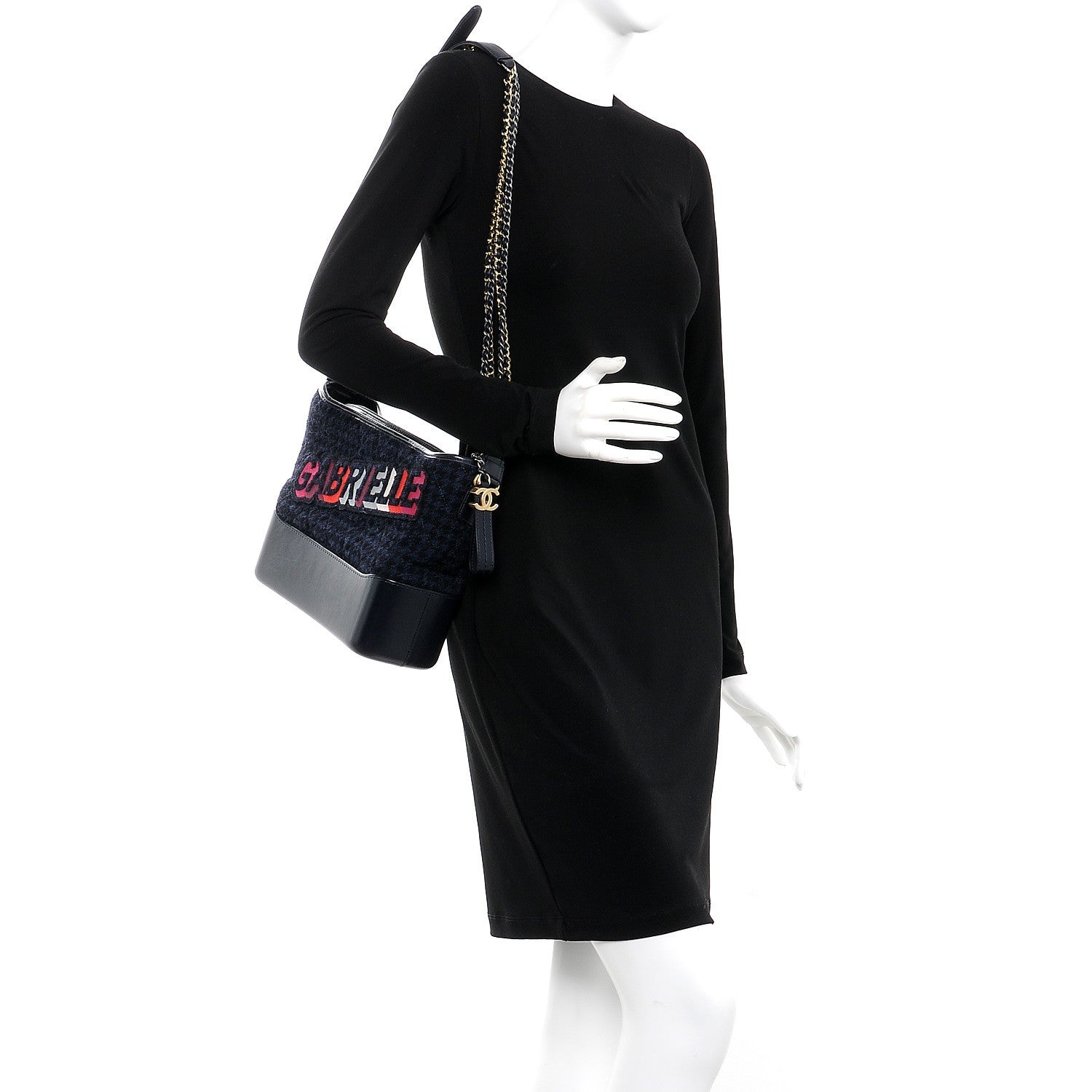 Chanel Tweed Calfskin Quilted Medium Gabrielle Hobo Black Blue 2 of 7