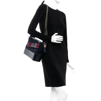 Chanel Tweed Calfskin Quilted Medium Gabrielle Hobo Black Blue 2 of 7