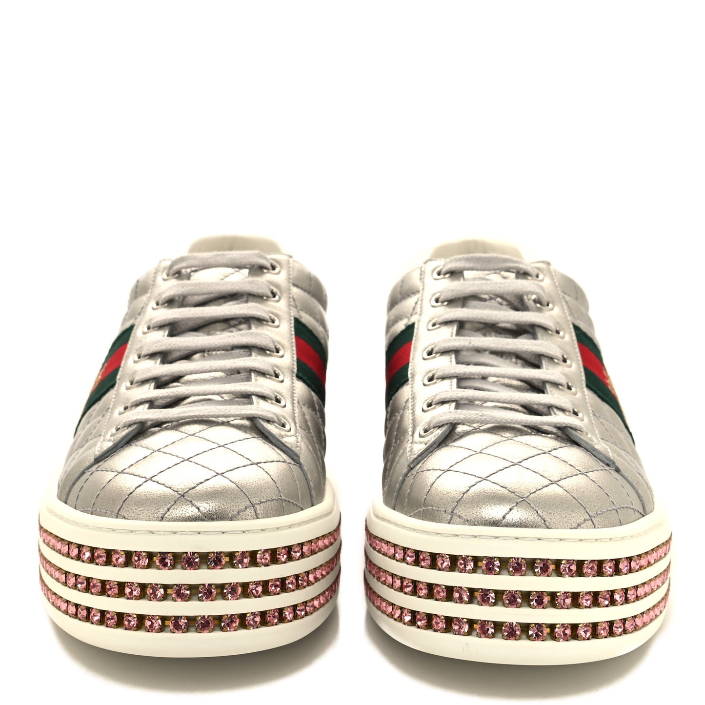 Laminated Nappa Crystal Web Bee Embroidered Trapuntata Womens Ace Platform Sneakers 41 Argento