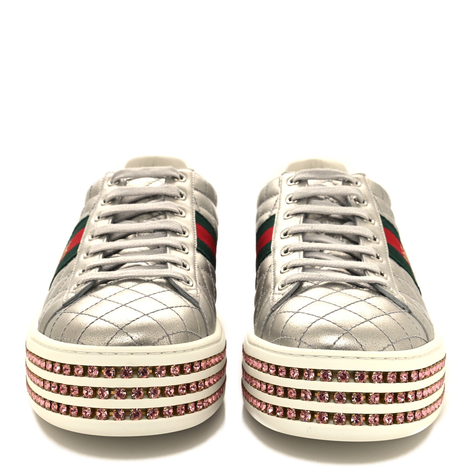 Gucci Laminated Nappa Crystal Web Bee Embroidered Trapuntata Womens Ace Platform Sneakers 41 Argento 2 of 8