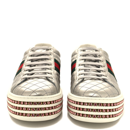 Gucci Laminated Nappa Crystal Web Bee Embroidered Trapuntata Womens Ace Platform Sneakers 41 Argento 2 of 8