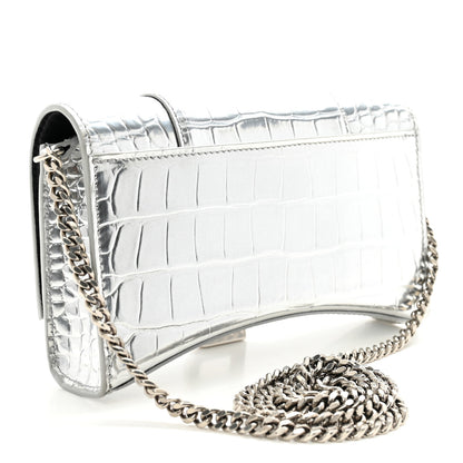 Balenciaga Metallic Calfskin Crocodile Embossed Hourglass Chain Bag Silver 3 of 9