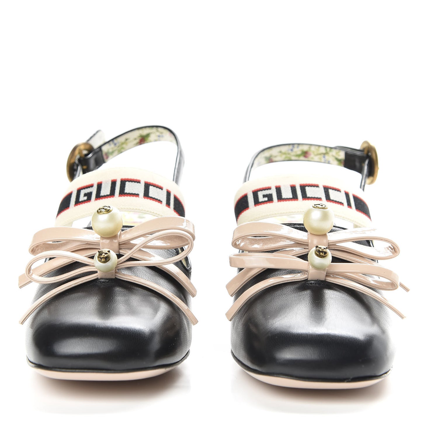 Malaga Kid Bow Ace Stripe Mid Heel Slingback Pumps 35.5 Black