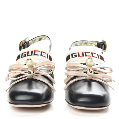 Gucci Malaga Kid Bow Ace Stripe Mid Heel Slingback Pumps 35.5 Black 2 of 10