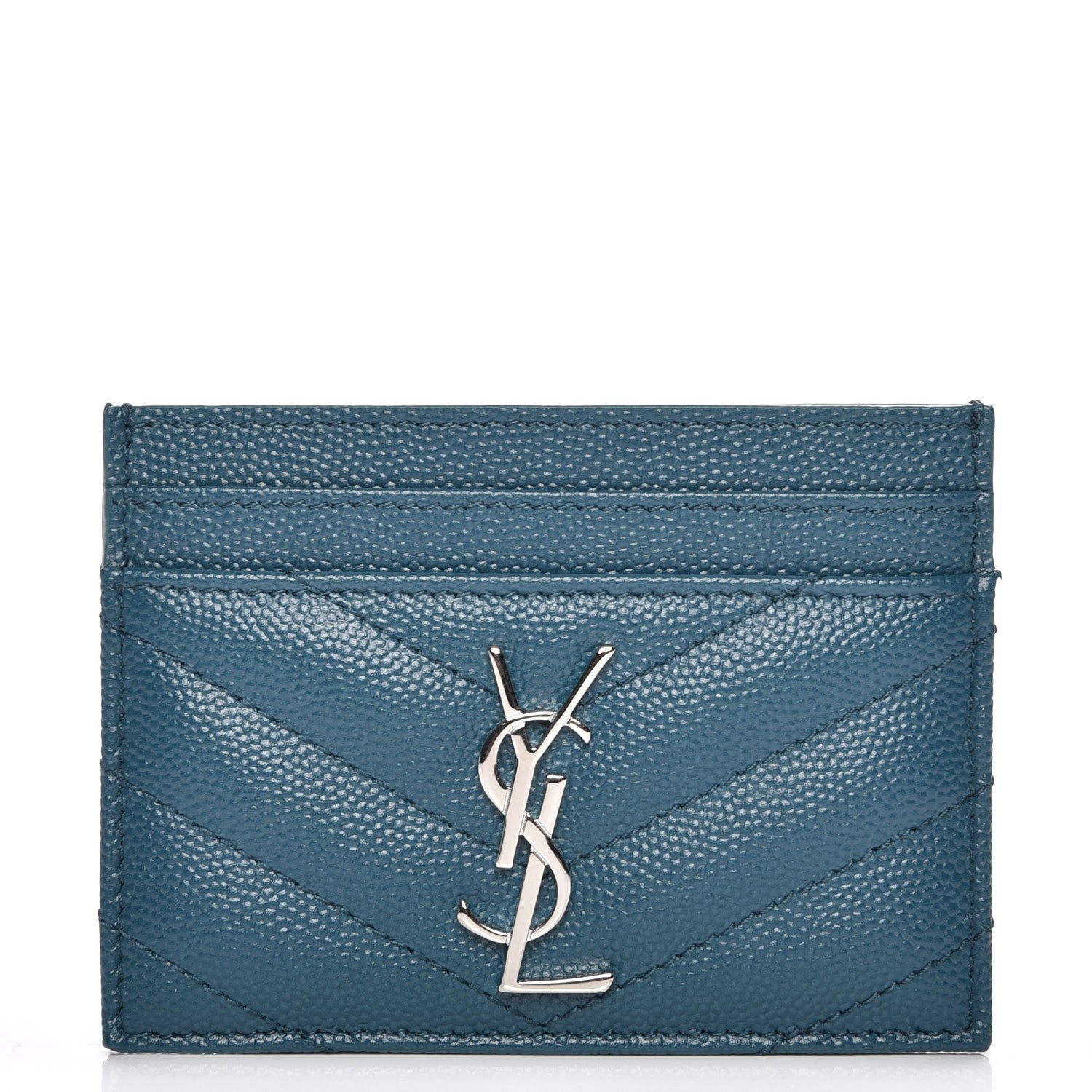 Saint Laurent Grain De Poudre Matelasse Chevron Monogram Credit Card Case Peacock Green 1 of 8
