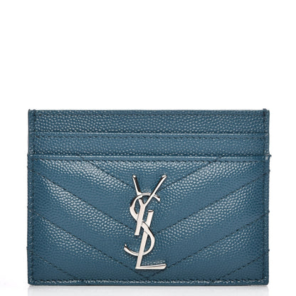 Saint Laurent Grain De Poudre Matelasse Chevron Monogram Credit Card Case Peacock Green 1 of 8
