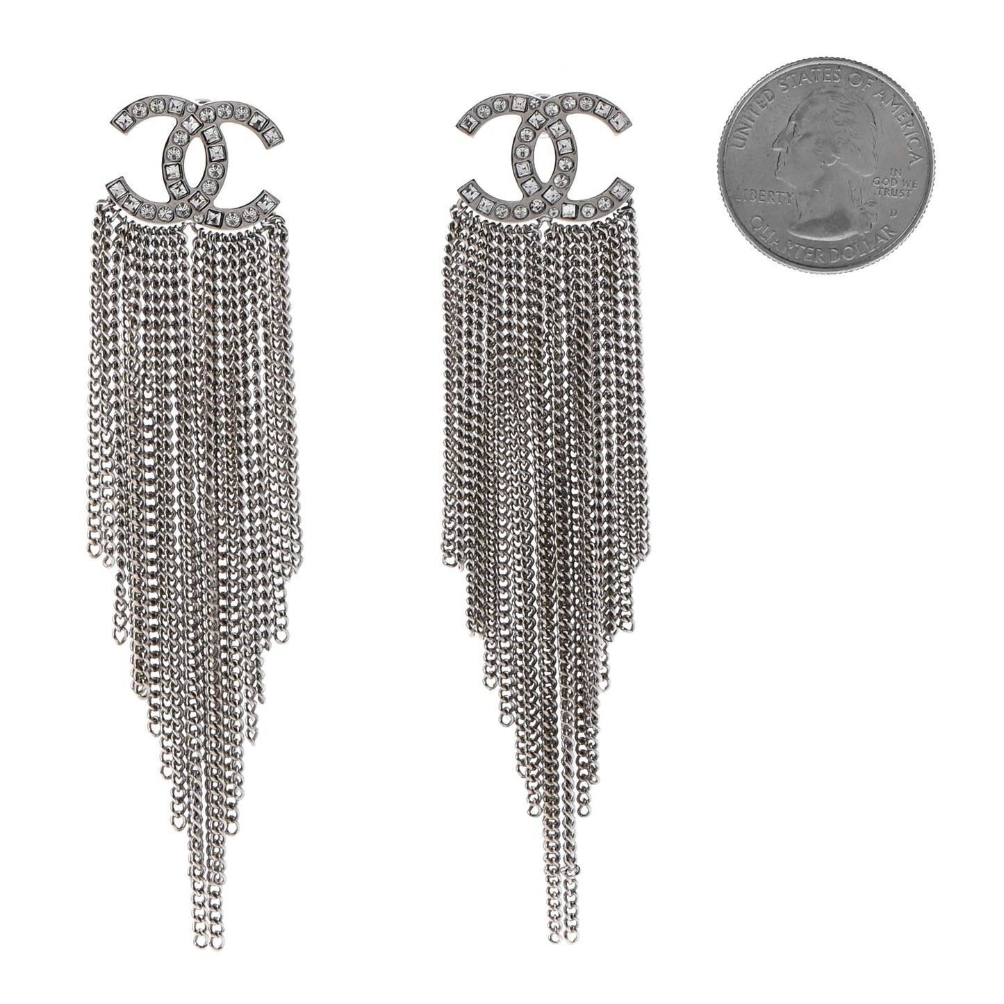 Baguette Crystal CC Chain Drop Earrings Silver