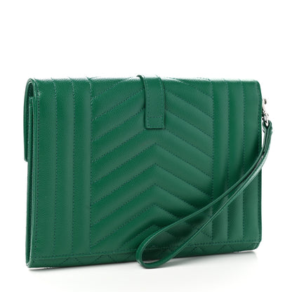 Saint Laurent Grain De Poudre Textured Mixed Matelasse Triquilt Monogram Clutch Green Field 3 of 10