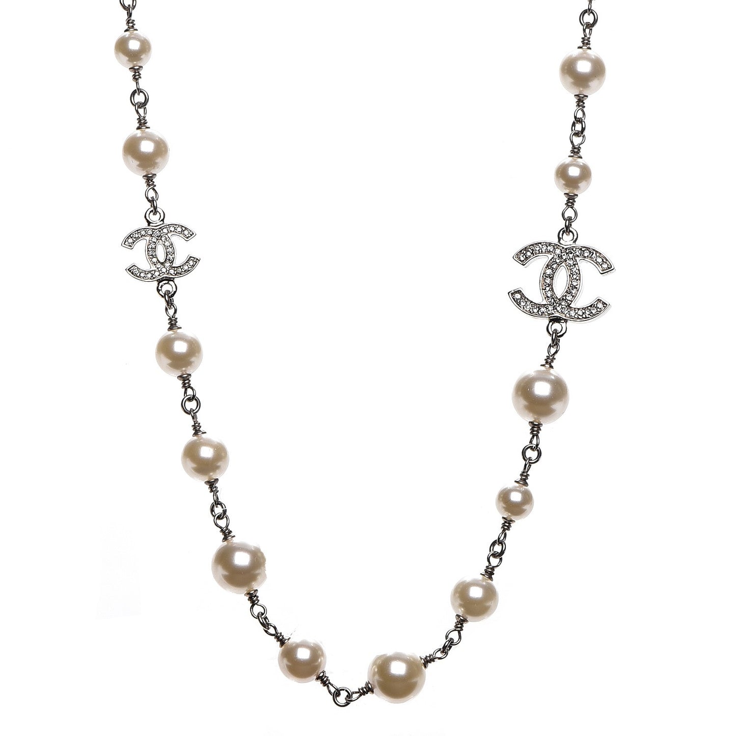 Crystal Pearl CC Necklace Silver