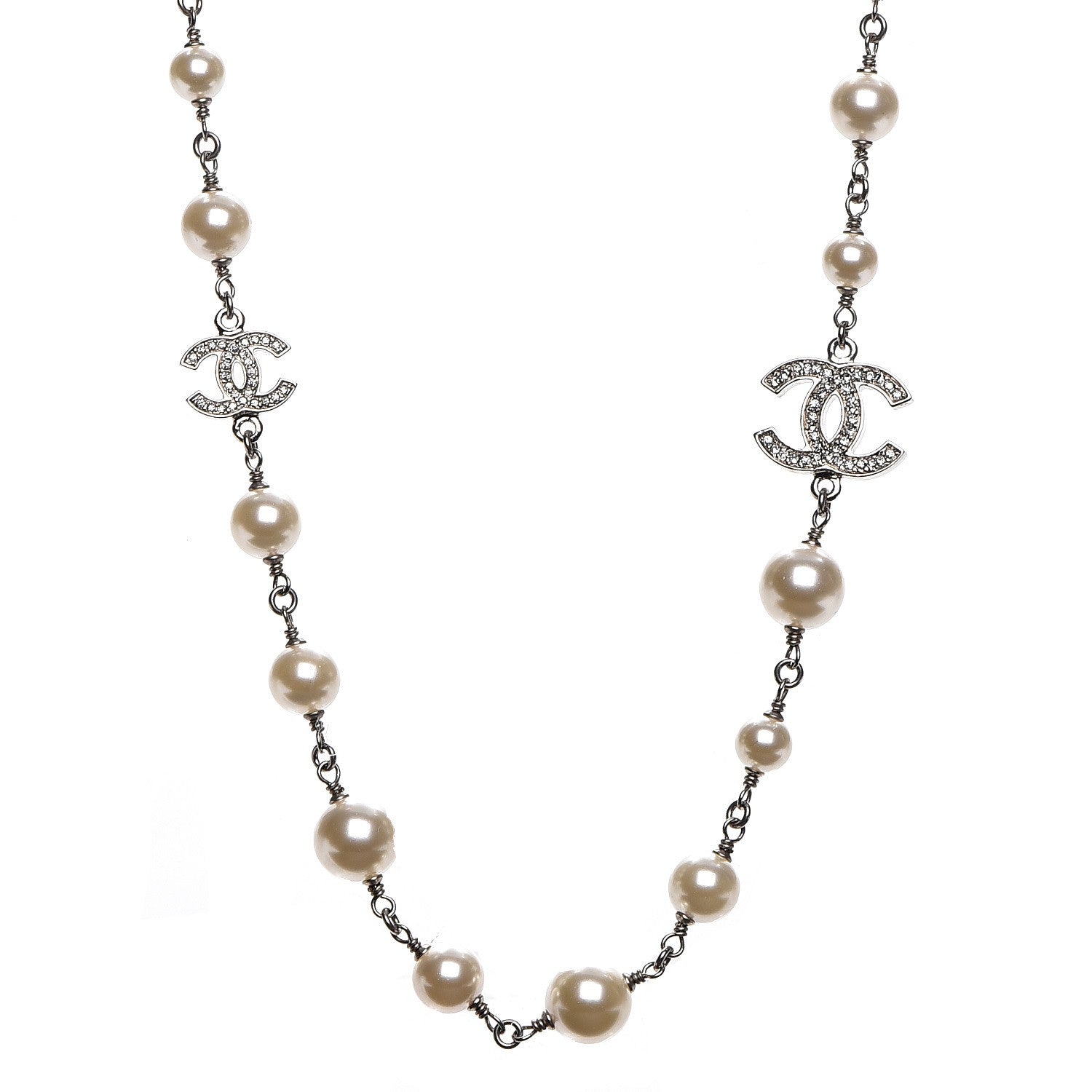 Chanel Crystal Pearl CC Necklace Silver 1 of 6