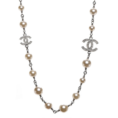 Chanel Crystal Pearl CC Necklace Silver 1 of 6