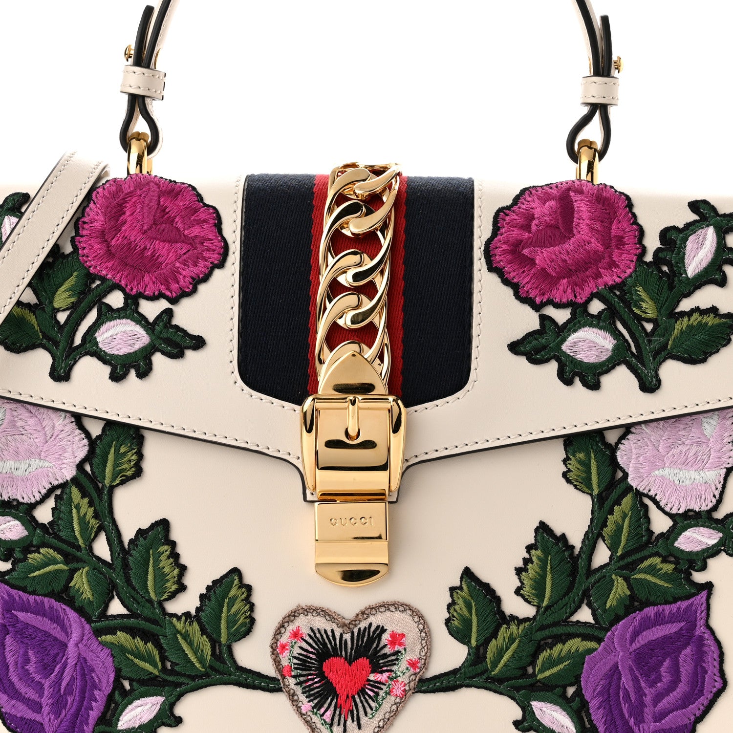 Gucci Calfskin Floral Medium Sylvie Top Handle Bag Off White 8 of 10