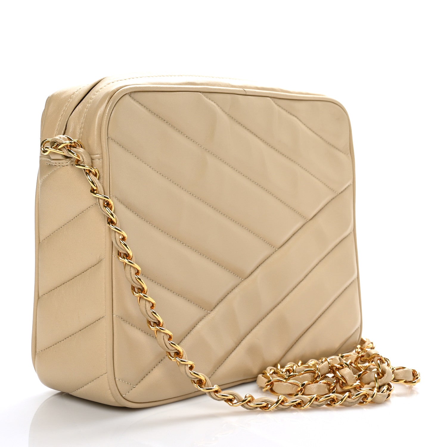 Chanel Lambskin Chevron Quilted Tassel Flap Camera Case Beige 2 of 11