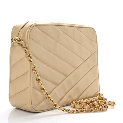 Chanel Lambskin Chevron Quilted Tassel Flap Camera Case Beige 2 of 11