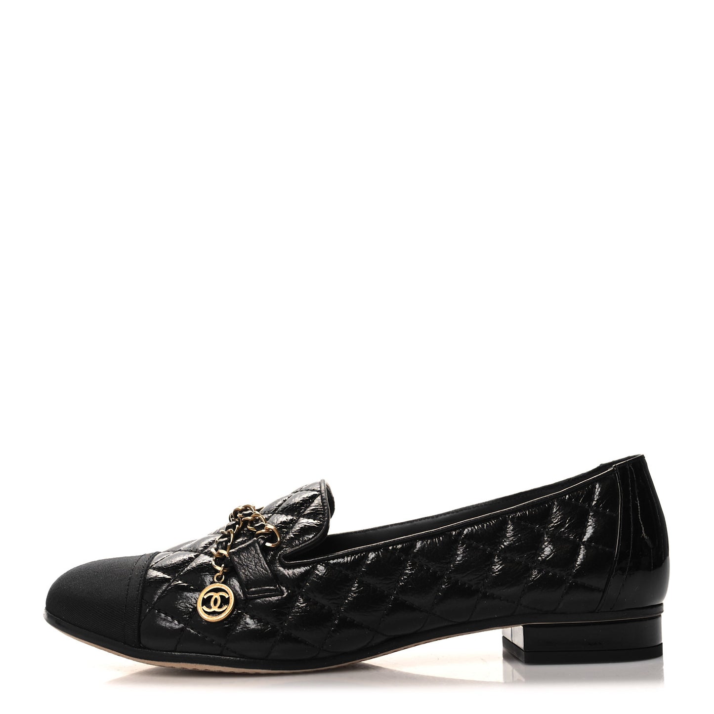 Grosgrain Glazed Lambskin Quilted Chain Loafers 37 Black
