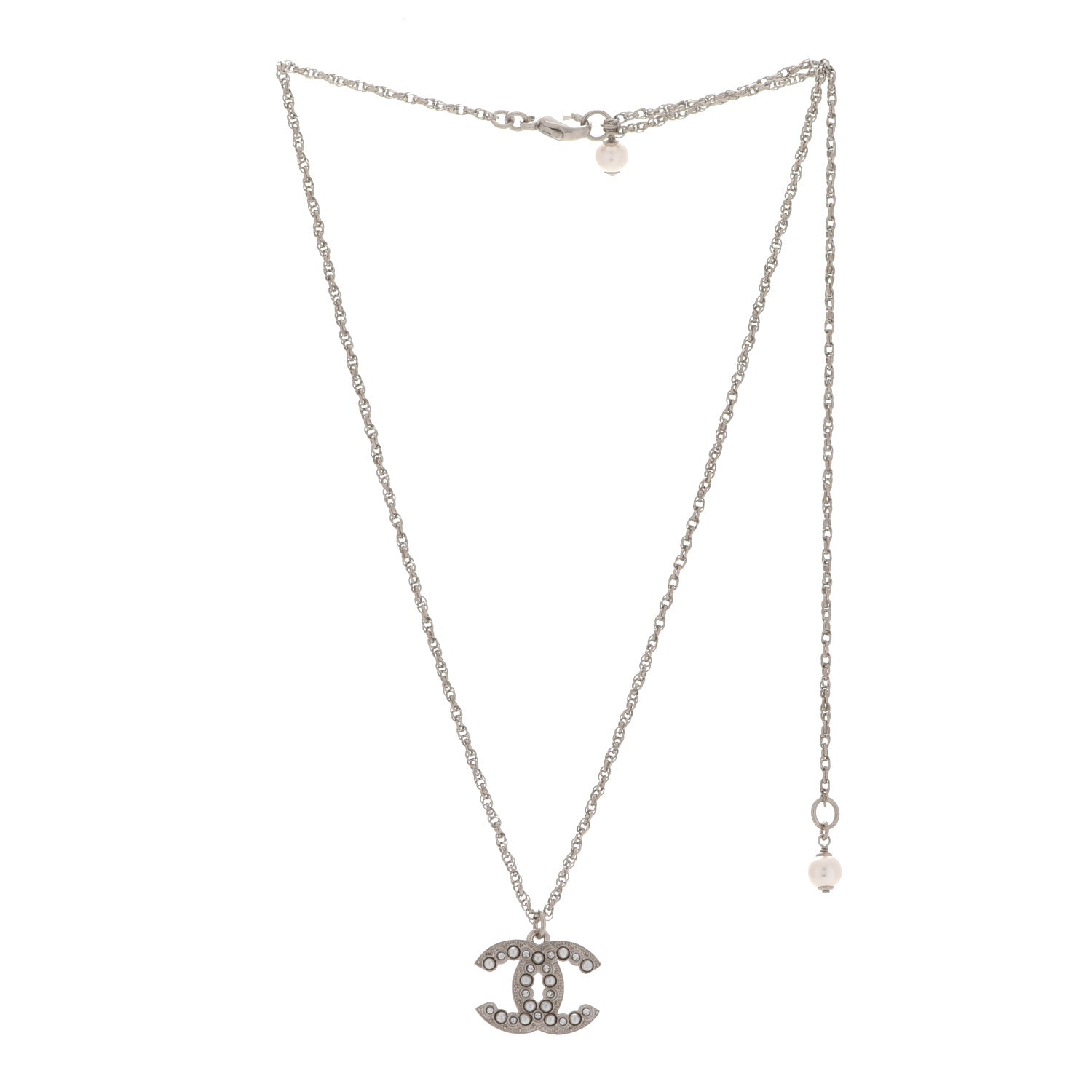 Chanel Crystal Pearl CC Pendant Necklace Silver 3 of 6