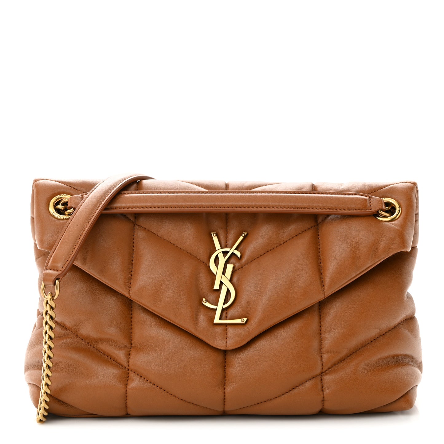 Lambskin Quilted Small Loulou Puffer Monogram Chain Satchel Dark Honey