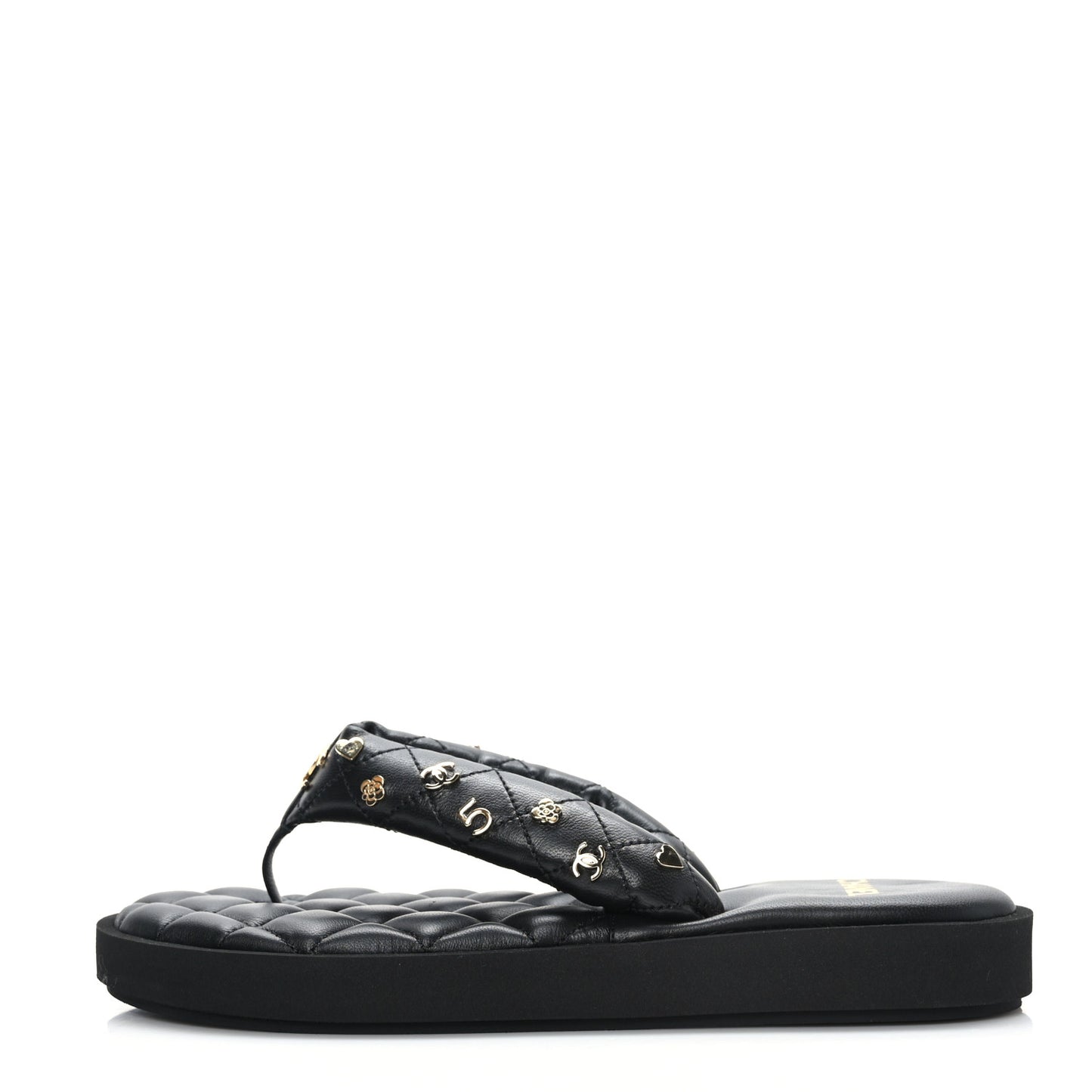Lambskin Quilted Padded Charms Thong Sandals 39.5 Black