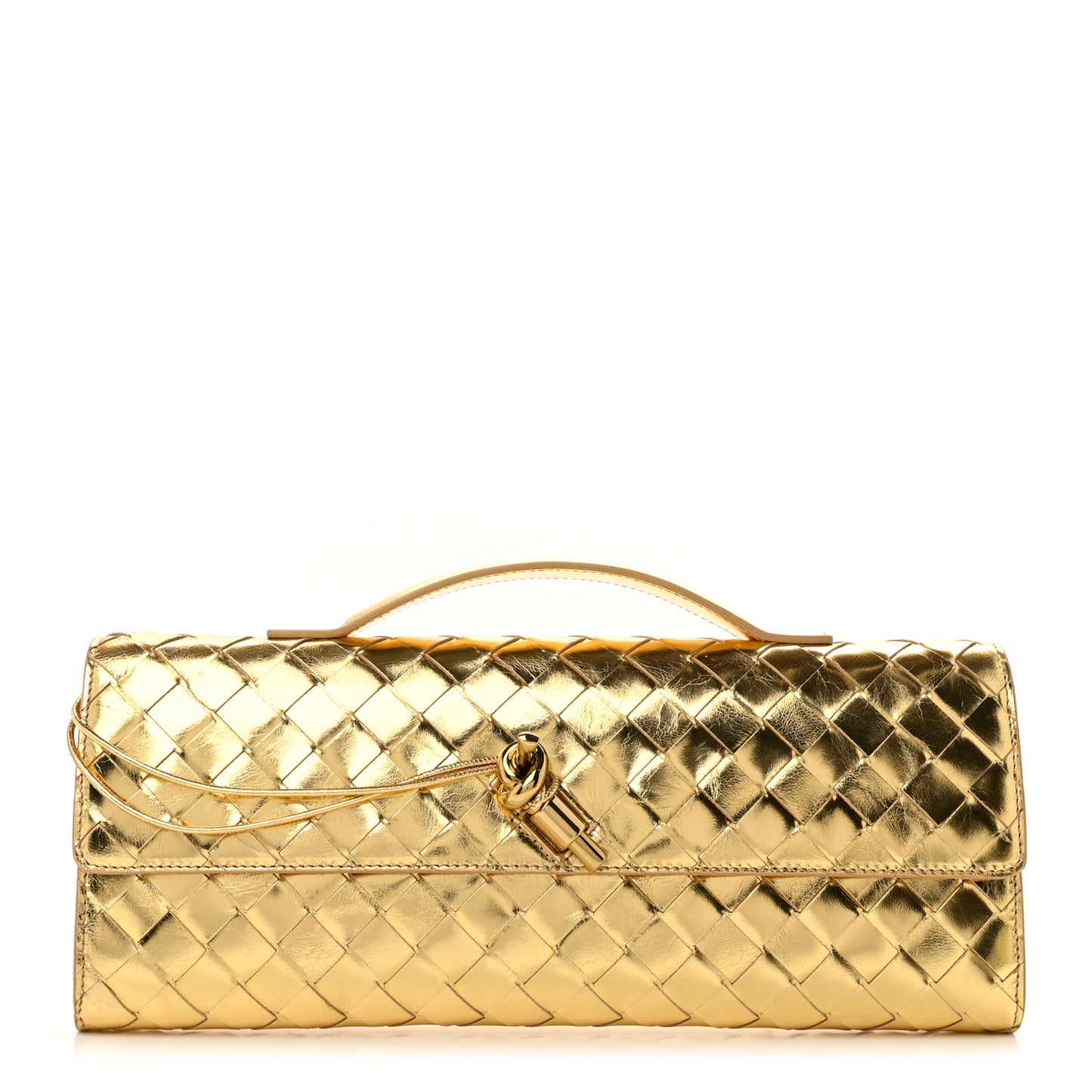 Metallic Lambskin Intrecciato Long Andiamo Top Handle Clutch Gold